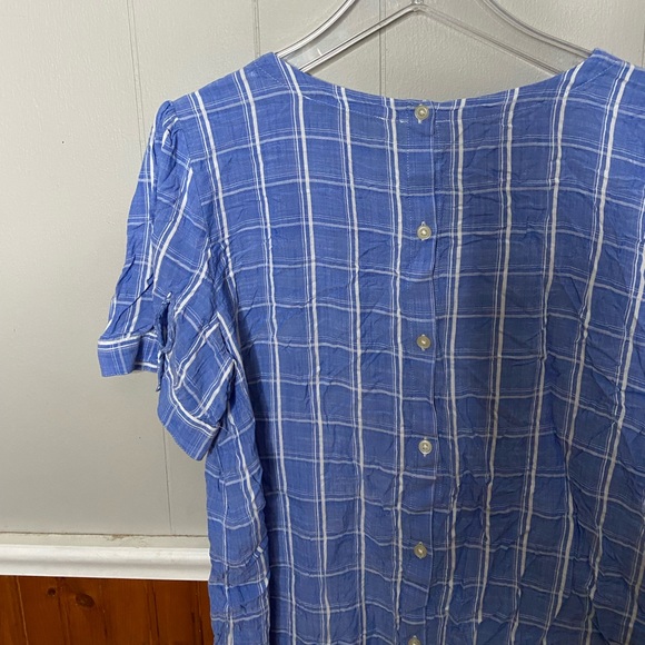 Ann Taylor LOFT Women’s Size Large Short Sleeve Blouse Blue Plaid Button Back - Picture 6 of 7